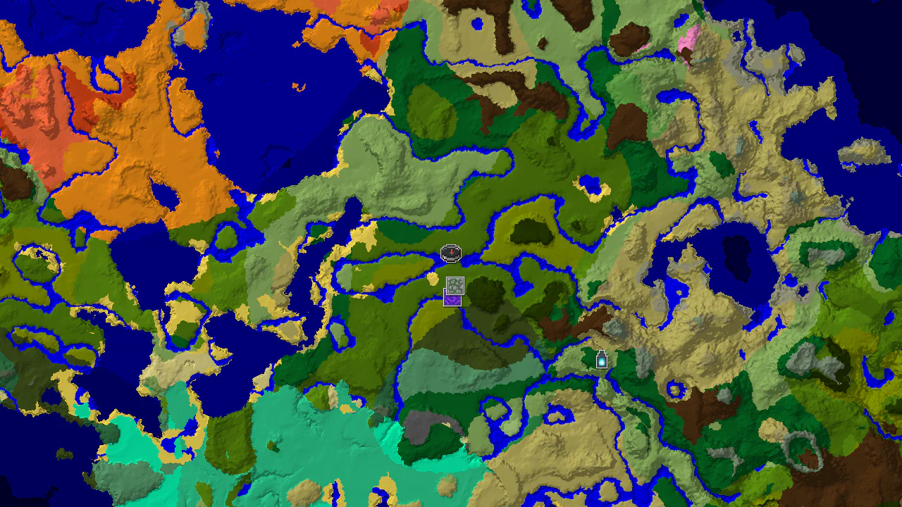 A 2D biome map centered on the jungle spawn, showing nearby rivers, plains, forests, and the distant Ancient City.