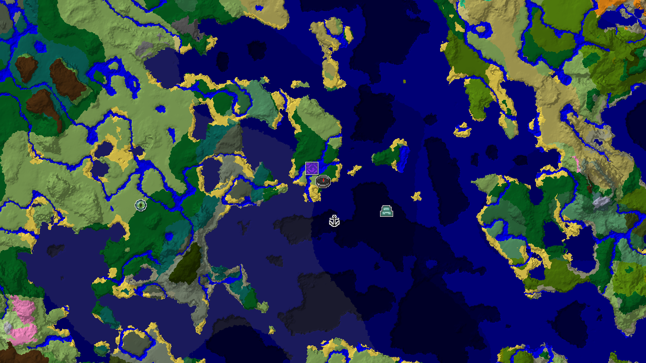 A 2D biome map centered on spawn, showing a large expanse of ocean with forest and beach areas, along with markers for structures.