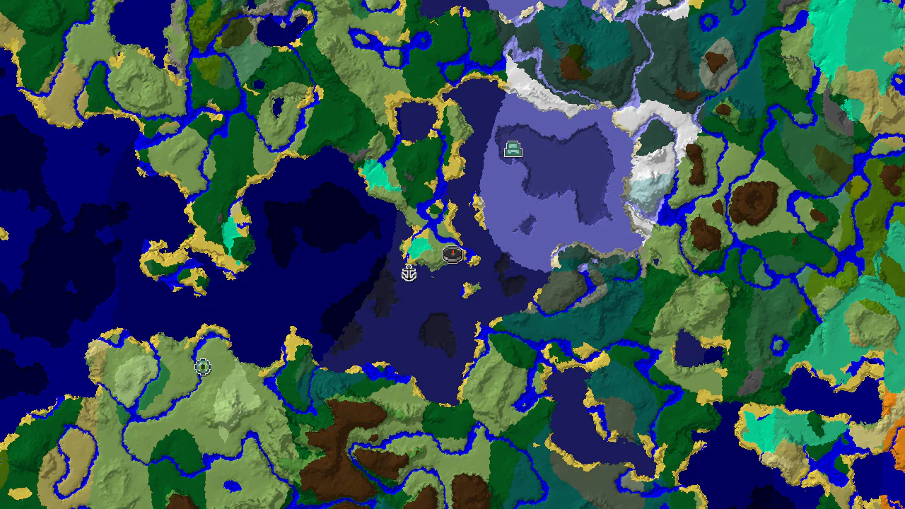 A 2D biome map centered on the spawn point, showing plains, ocean, and various cold biomes, with markers for a shipwreck and an ocean monument.