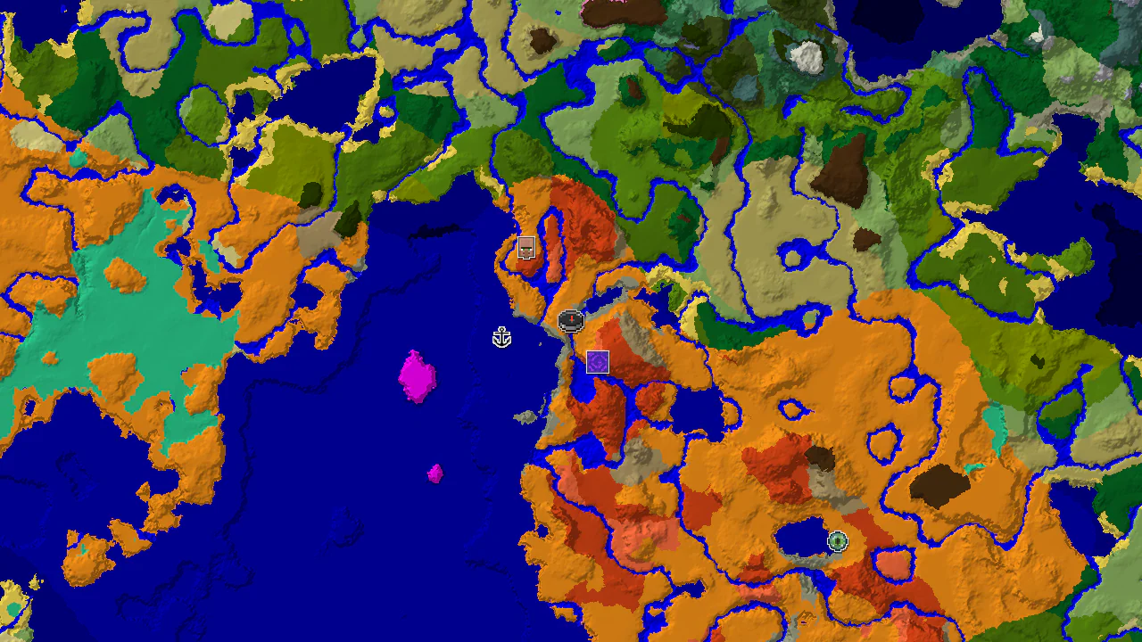 A top-down 2D biome map centered on spawn, showing a desert with nearby badlands, warm ocean, and river biomes, marked with structure locations.