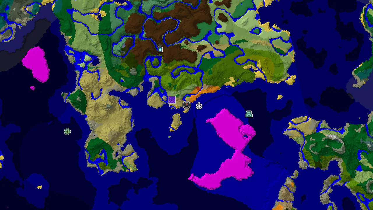 A 2D biome map centered on the spawn point, with markers for a Ruined Portal, Shipwreck, Ocean Monument, and Ancient City.