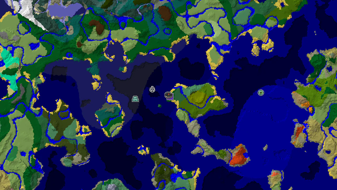 A 2D biome map centered on the spawn point, showing forest, ocean, beach, and various jungle biomes, with markers for a ruined portal, shipwreck, and ocean monument.