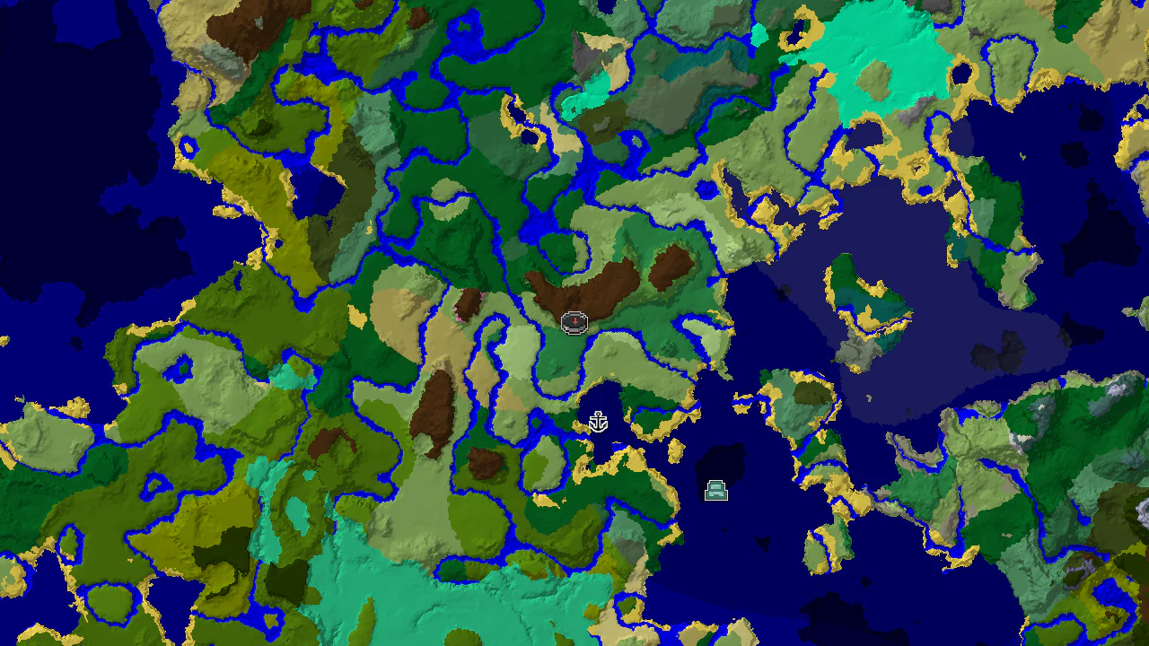A 2D biome map centered on spawn, showing a nearby Flower Forest, Plains, and River, with markers for a Shipwreck and Ocean Monument.