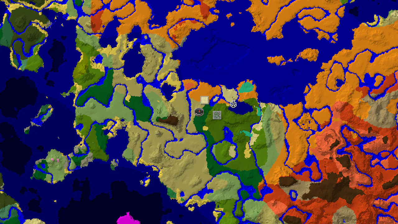 A 2D top-down biome map centered on the spawn point, showing nearby Forest, Savanna, Jungle, and Desert biomes, with markers for a Desert Pyramid and a Jungle Temple.