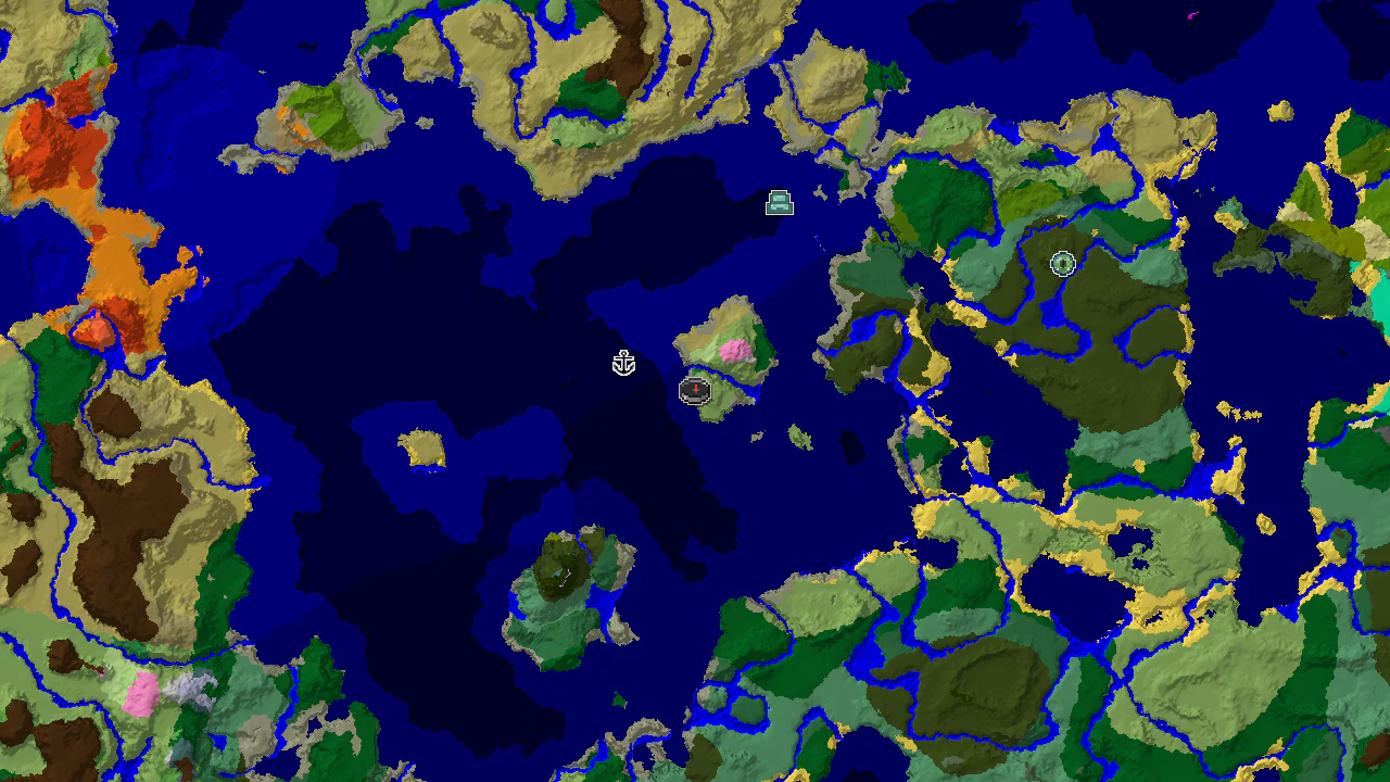 A 2D biome map centered on the spawn point, marked by a player icon, showing a mix of plains, oceans, and a nearby Flower Forest.