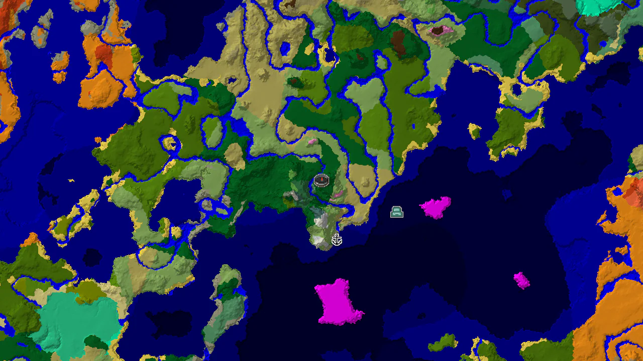 A top-down 2D biome map centered on the spawn point, marked, with a nearby Cherry Grove and other diverse biomes.