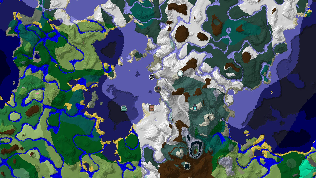 A 2D biome map centered on spawn, showing expansive snowy and frozen biomes, with markers for a village, shipwreck, and ancient city.
