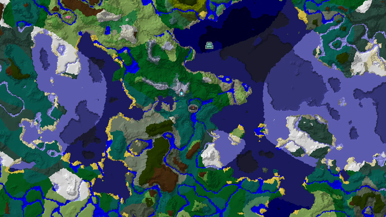 A 2D biome map centered on spawn, showing Taiga, Forest, River, and a large expanse of Cold Ocean, with markers for a nearby Ancient City.