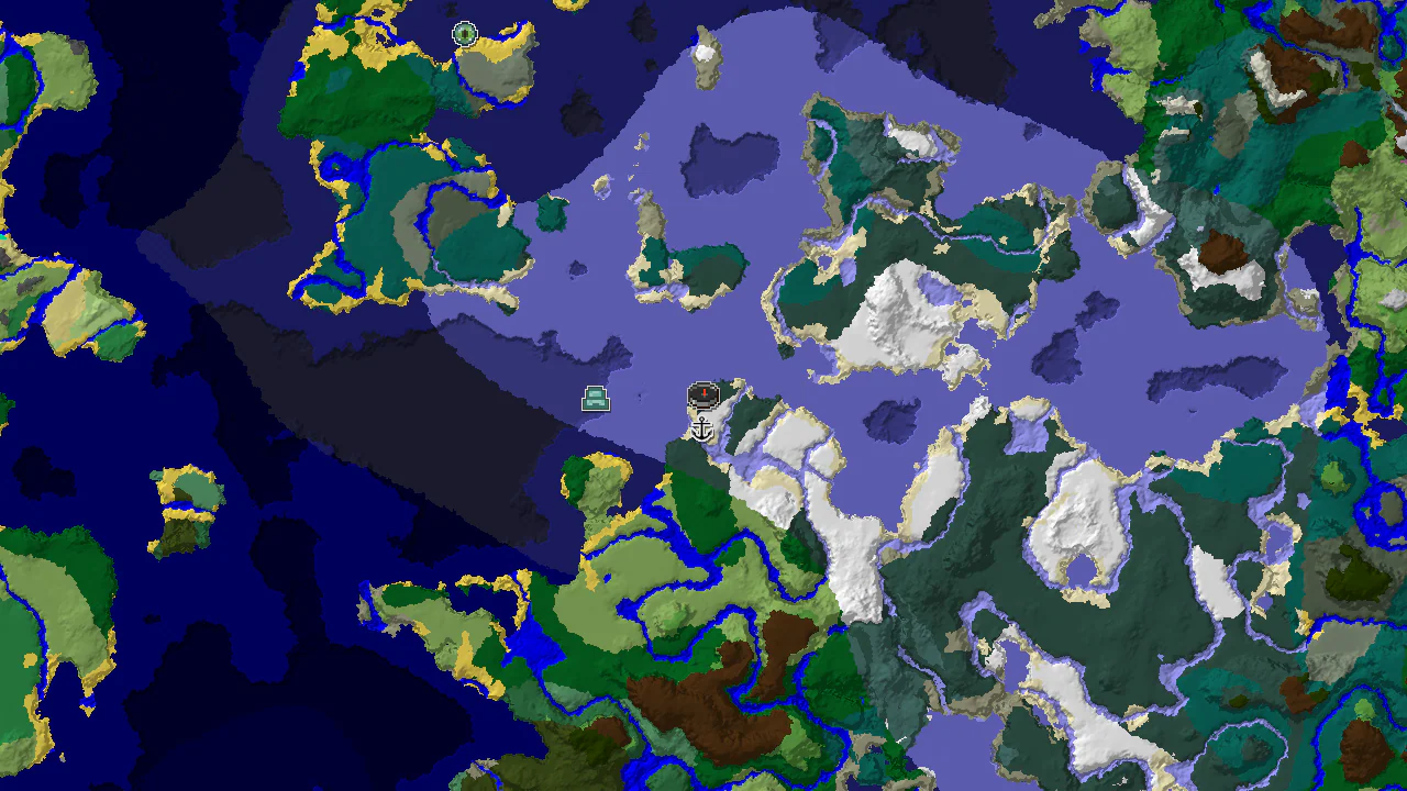 A 2D biome map centered on spawn, showing a large Frozen Ocean and Snowy Taiga, with markers for an Ocean Monument and a Shipwreck.