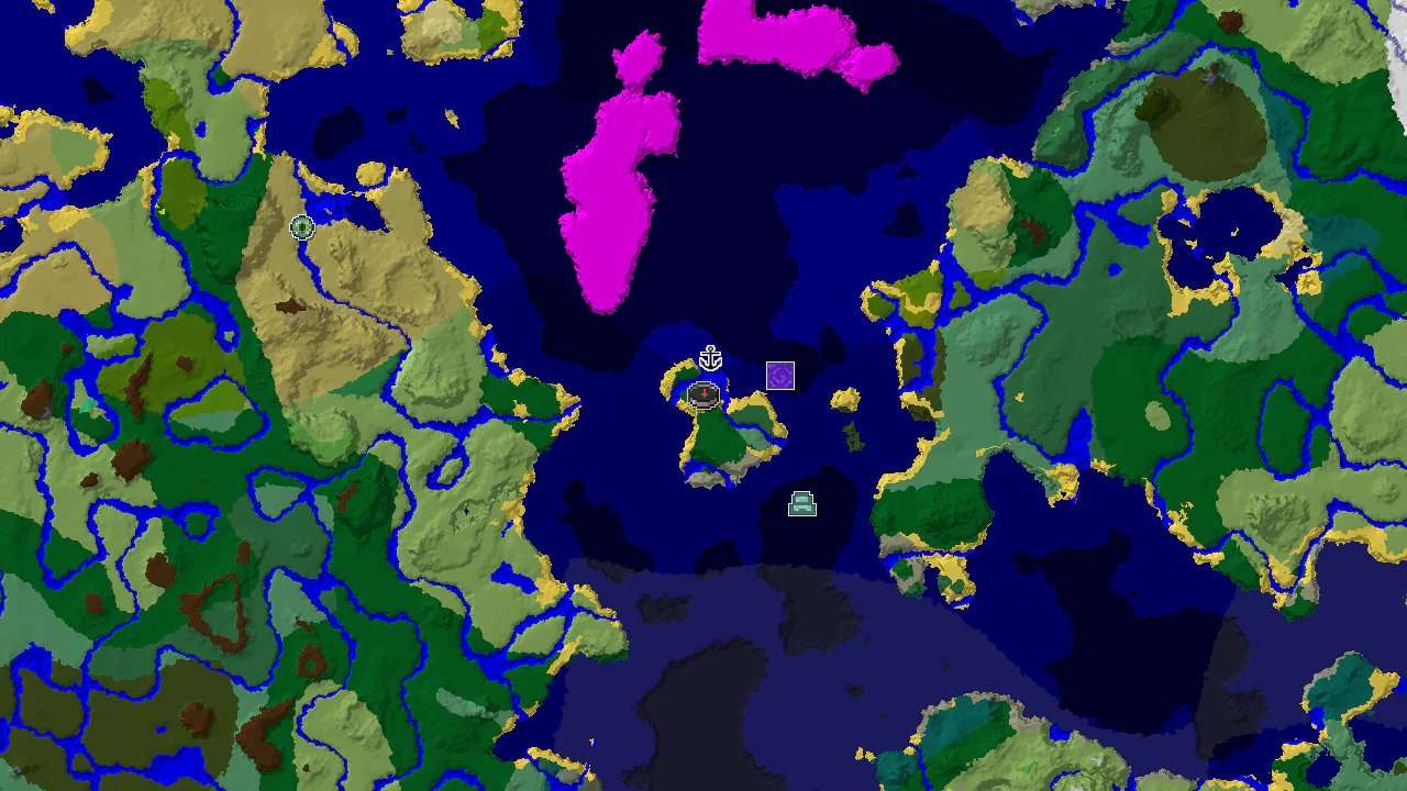 A 2D biome map centered on spawn, showing a large Ocean Monument to the east and a distinct Mushroom Fields biome to the southwest.