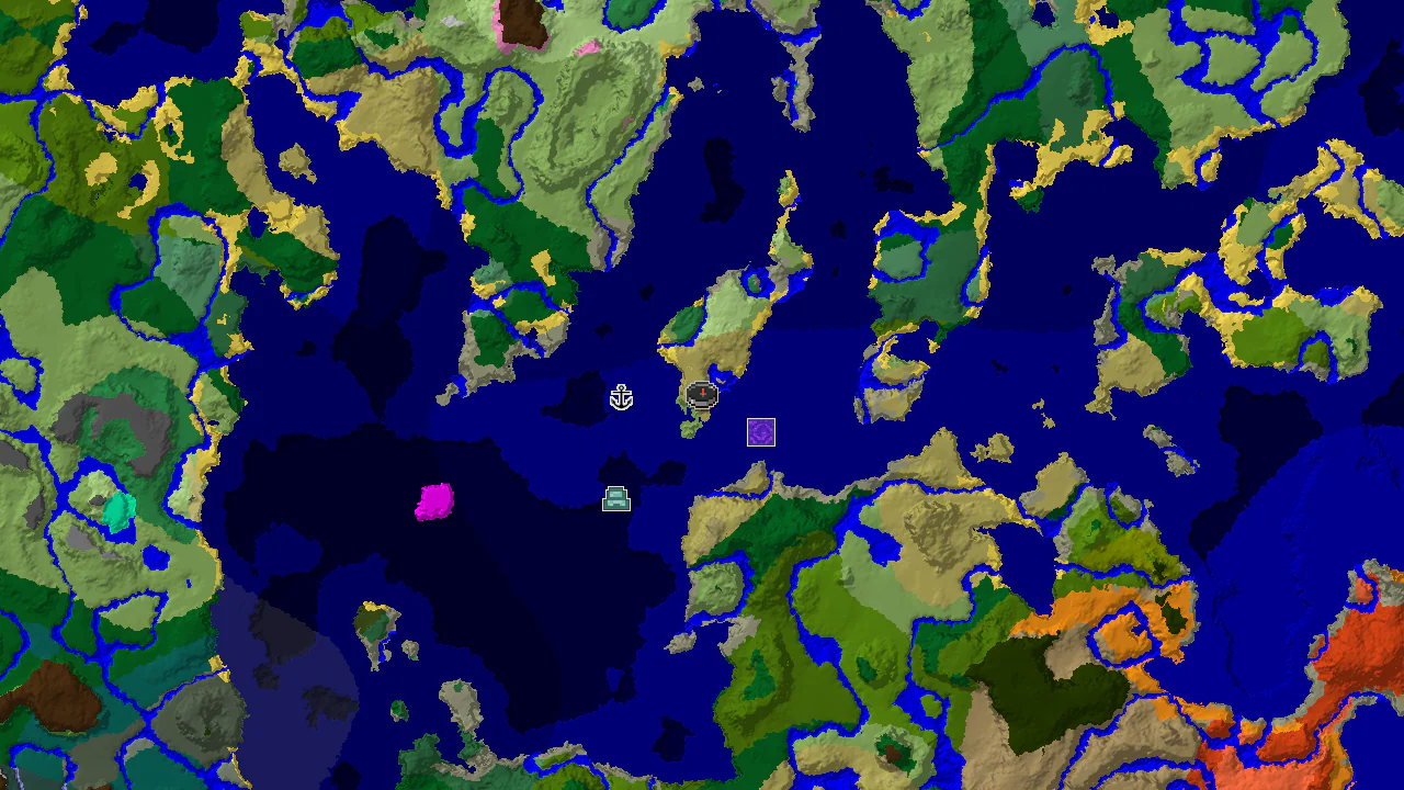 A 2D biome map centered on the spawn point, showing savanna and ocean biomes, with markers for a nearby Ruined Portal and Shipwreck.