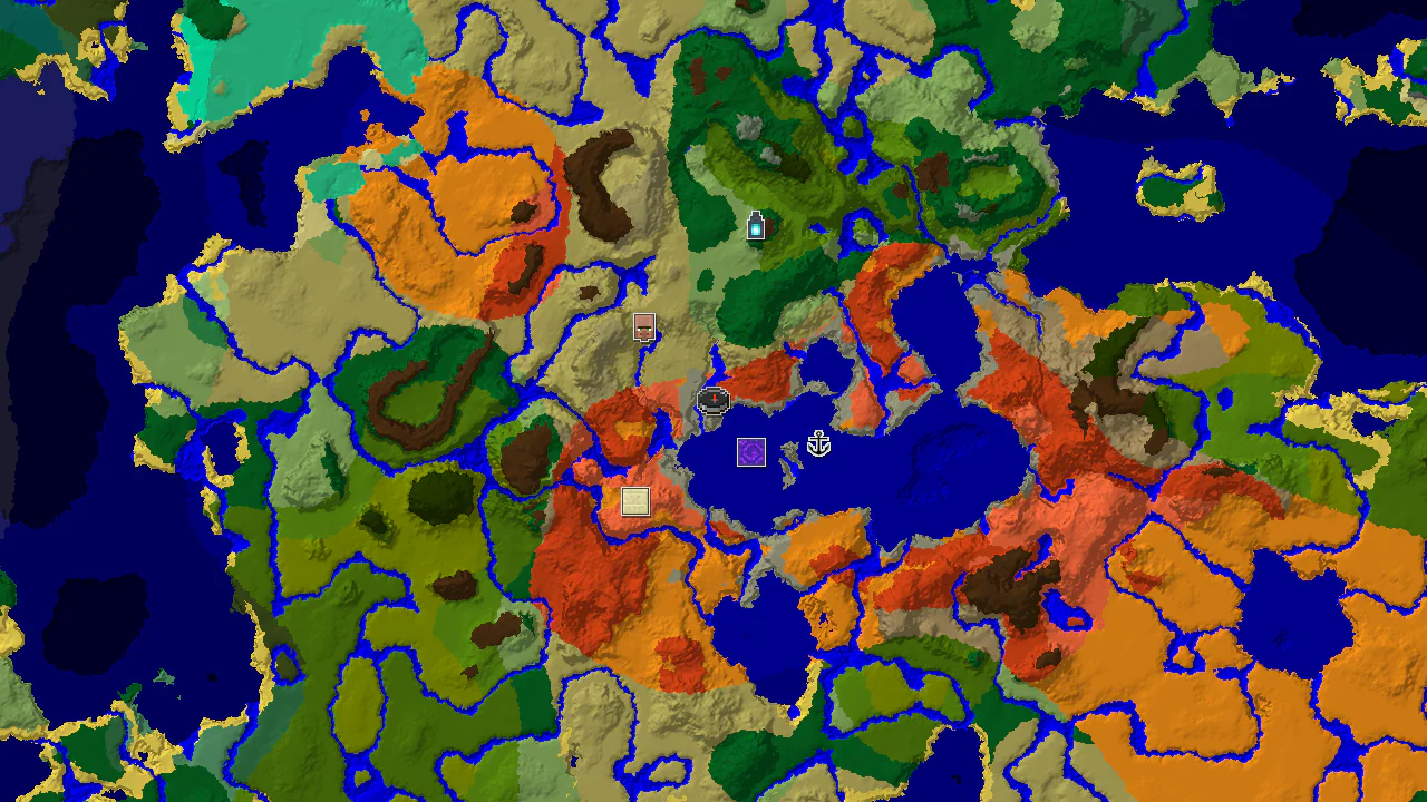 A 2D biome map centered on spawn, showing Badlands, Desert, and Ocean biomes, with markers for a nearby Ancient City and Ruined Portal.