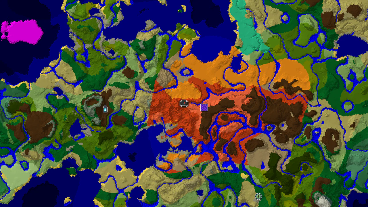 A 2D biome map centered on spawn, showing a large badlands area with a nearby eroded badlands, and a marker for a ruined portal.
