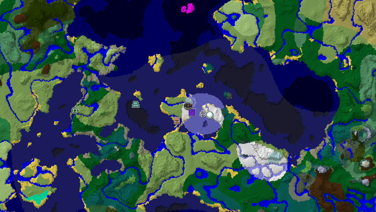 A 2D biome map centered on spawn, showing a snowy plains spawn, with nearby ice spikes, frozen river, and vast frozen and cold oceans.