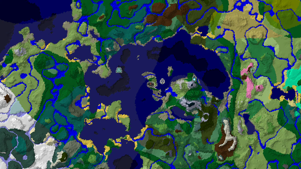 A 2D biome map centered on the spawn point, showing markers for a nearby Shipwreck, Ocean Monument, and Ancient City, with large expanses of ocean and cold ocean.