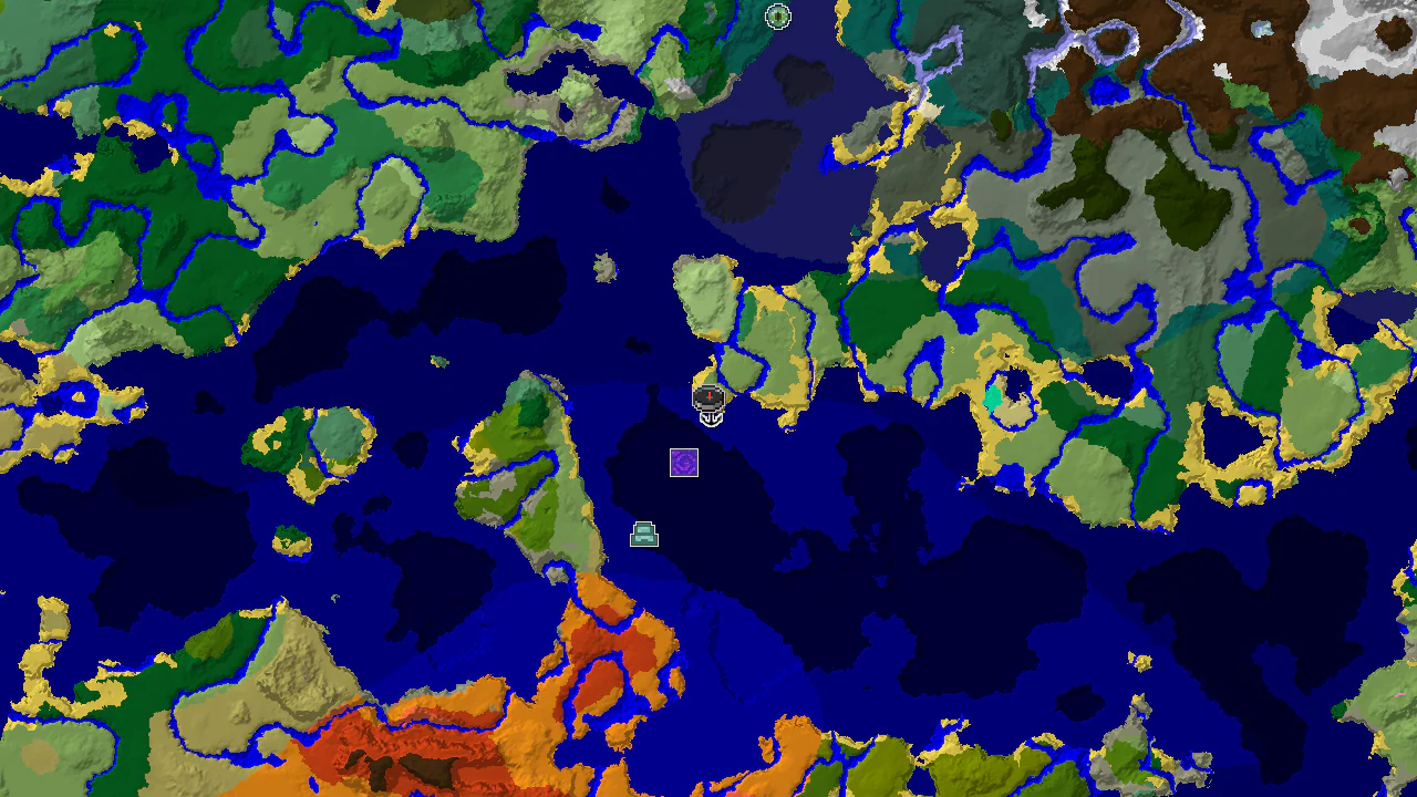 A 2D biome map centered on spawn, showing a savanna with nearby ocean, beach, and river biomes, marked with a spawn point and several structure locations.