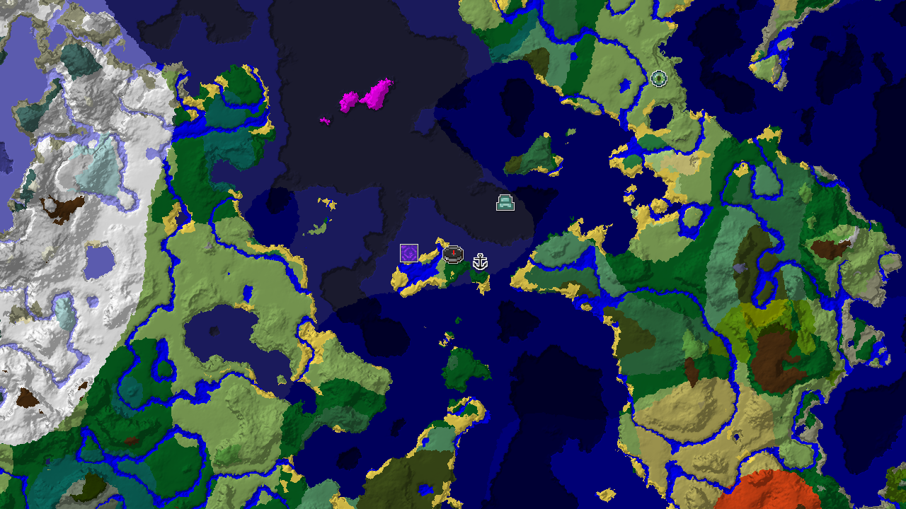 A top-down 2D biome map centered on the spawn point, marked with a player icon. Markers indicate a shipwreck, a ruined portal, and an ocean monument.