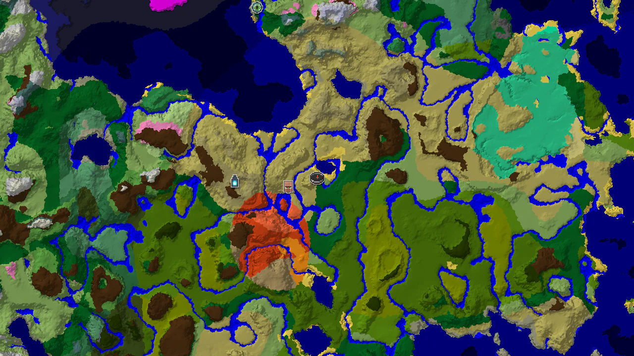 A 2D biome map centered on the spawn point, showing a savanna biome at the center, with markers for a village and an ancient city nearby.