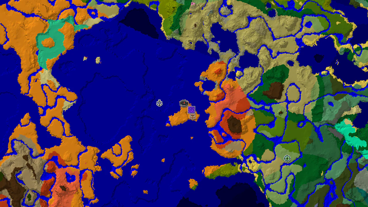 A 2D top-down biome map centered on spawn, showing desert, warm ocean, and nearby badlands with markers for a village and ruined portal.