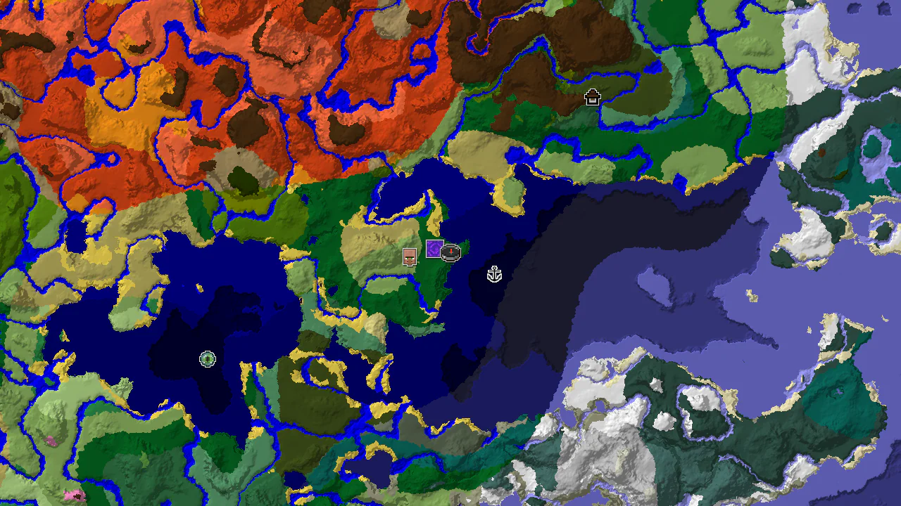 A 2D biome map centered on spawn, showing a large ocean to the west and south, badlands to the east, and various forests and plains.