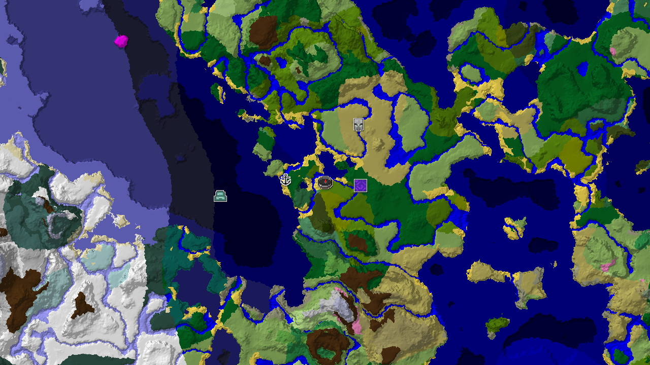 A 2D biome map centered on the spawn point, showing Sparse Jungle, River, and Ocean biomes, with markers for a Ruined Portal and a Shipwreck.