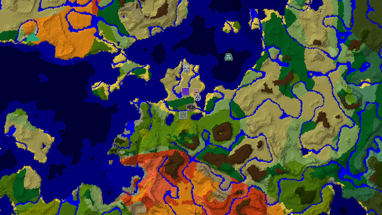 A 2D biome map centered on spawn, showing a vibrant jungle around the spawn marker, with markers for a village, ruined portal, and shipwreck close by.