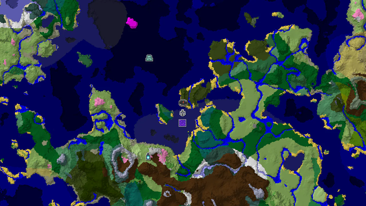 A 2D top-down biome map centered on spawn, showing a Dark Forest island surrounded by Ocean and Cold Ocean, with markers for a Ruined Portal and a Shipwreck.