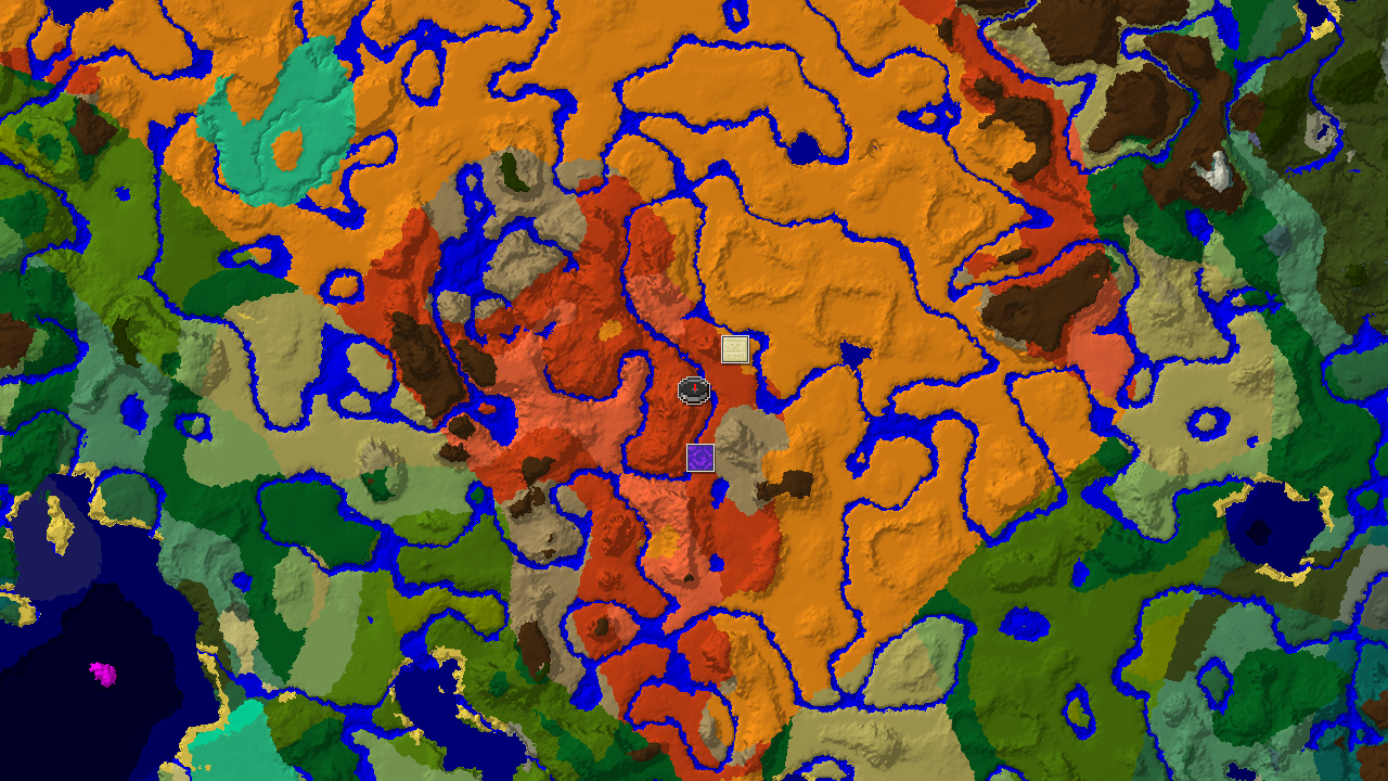 A 2D biome map centered on spawn, showing a large desert to the north, badlands surrounding spawn, and a river flowing through.