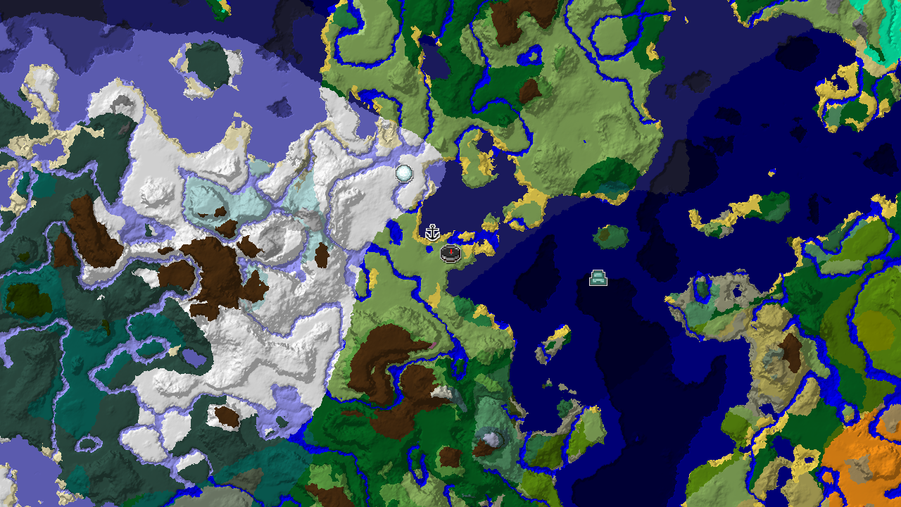A 2D biome map centered on spawn, showing a large plains area, various ocean biomes, and snowy landscapes to the north and west. Structure markers indicate a shipwreck and an ocean monument.