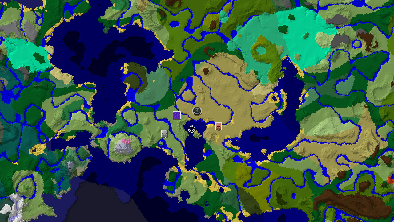 A 2D biome map centered on the spawn point, showing savanna, plains, and various ocean biomes, with markers for a ruined portal, shipwreck, and village.