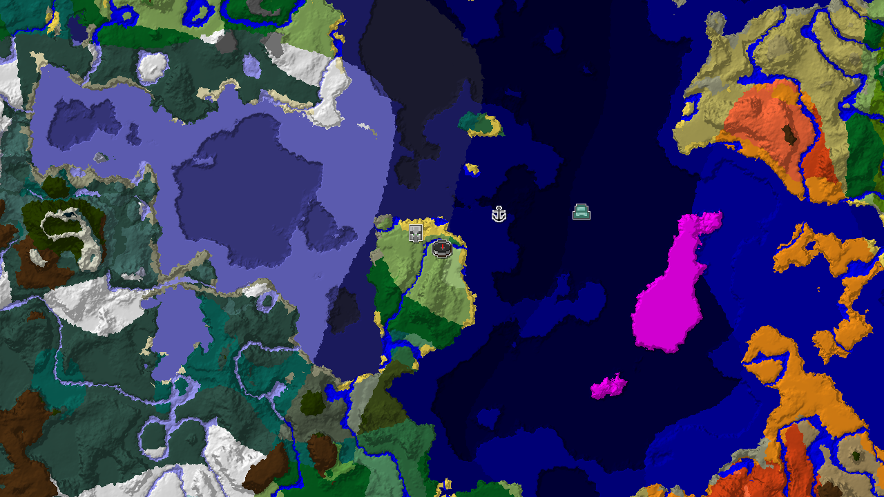 A 2D biome map centered on spawn, showing a large expanse of various ocean biomes, with markers for a Pillager Outpost, Shipwreck, and Ocean Monument.