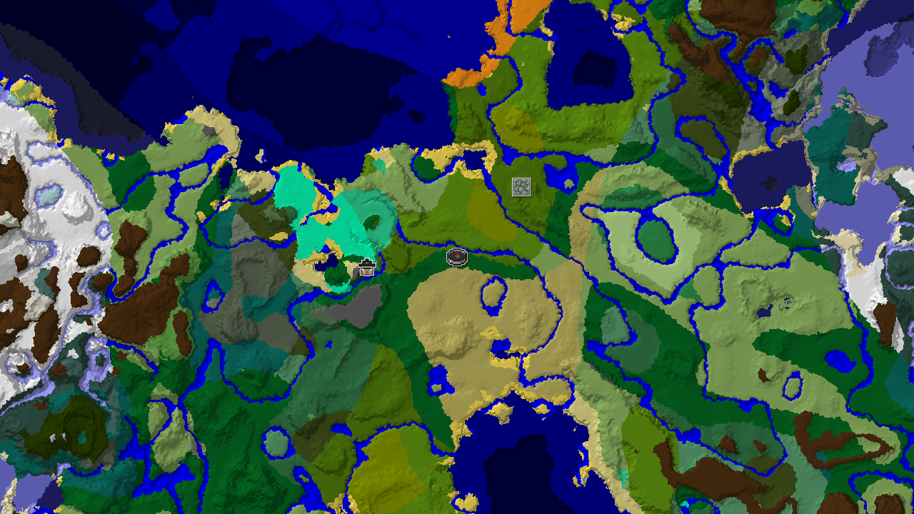 A 2D biome map centered on spawn, showing a large area of jungle to the south and west, with a Witch Hut to the west and a Jungle Temple to the southeast.