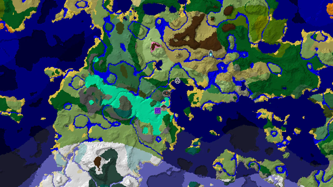 A 2D biome map centered on spawn, showing a large area of Forest, Ocean, and Swamp, with markers for a Ruined Portal, Shipwreck, Witch Hut, and Ancient City.