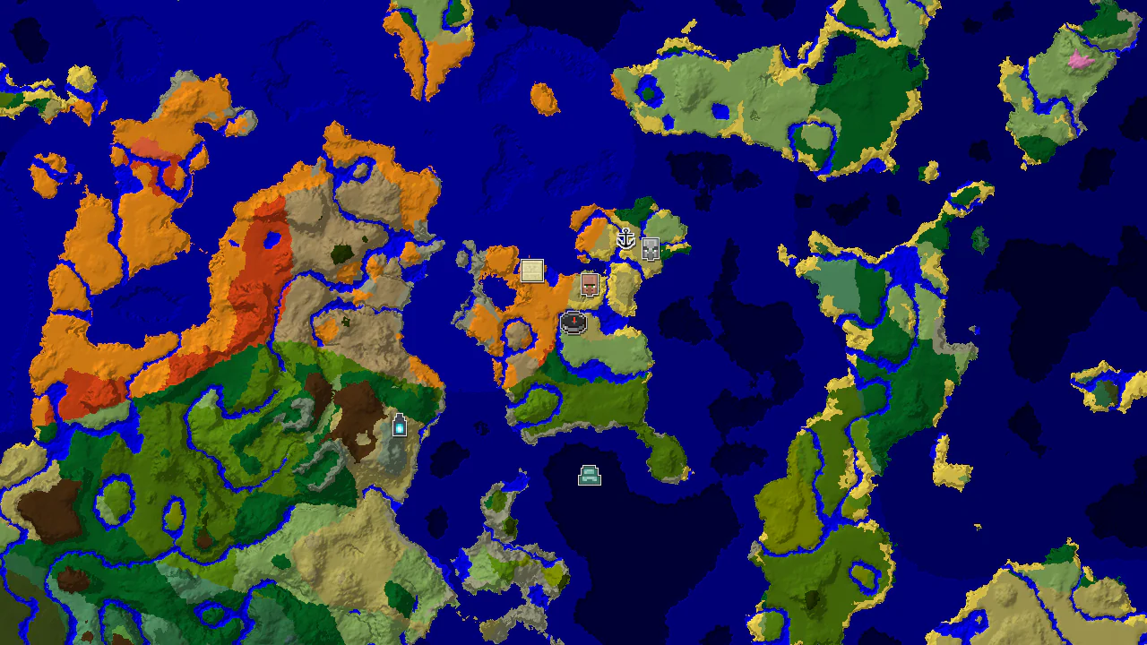 A top-down 2D biome map centered on spawn, showing a nearby Ancient City, desert, savanna, and various ocean biomes.