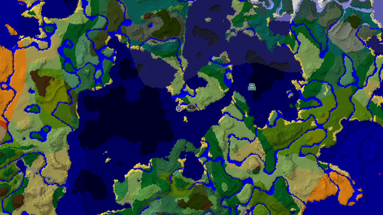 A top-down 2D biome map centered on spawn, showing a nearby Ocean Monument and a shipwreck.
