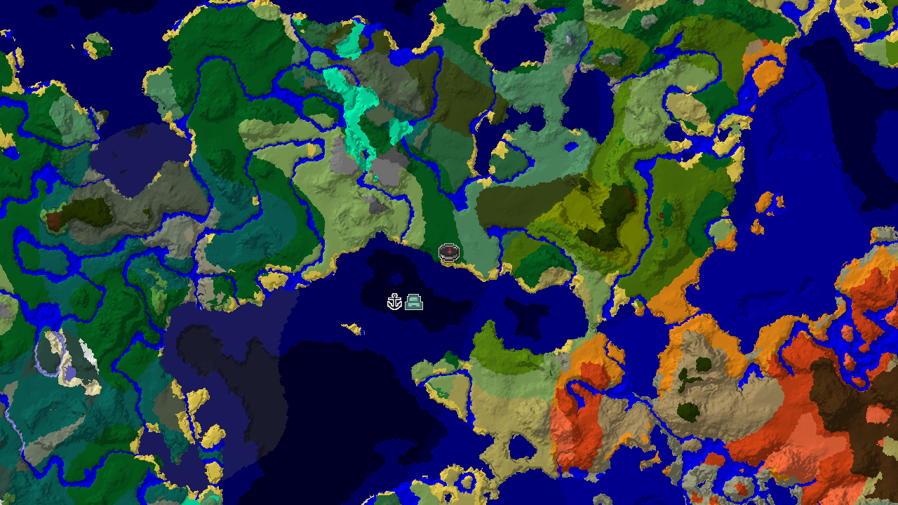 A 2D biome map centered on spawn, showing a nearby Ocean Monument and Shipwreck amidst forests, plains, and various ocean biomes.