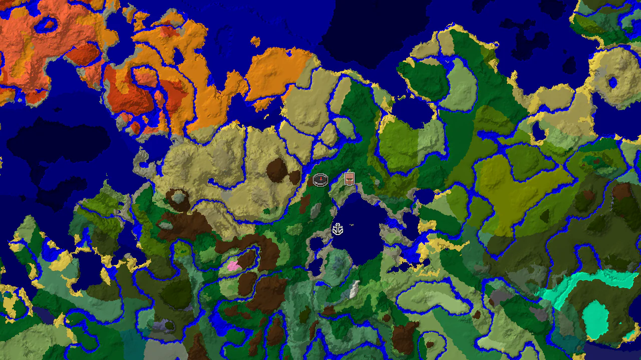 A 2D biome map showing a spawn marker in a forest, with a village marker to the east near a river and plains, and savannas to the south.