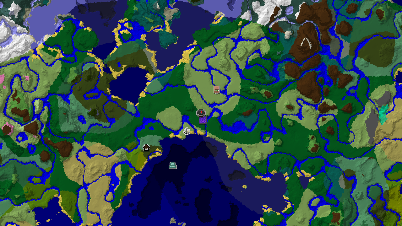 A top-down 2D biome map centered on spawn, showing forest, plains, and various ocean biomes, with markers for a Woodland Mansion, Village, Ruined Portal, and Shipwreck.