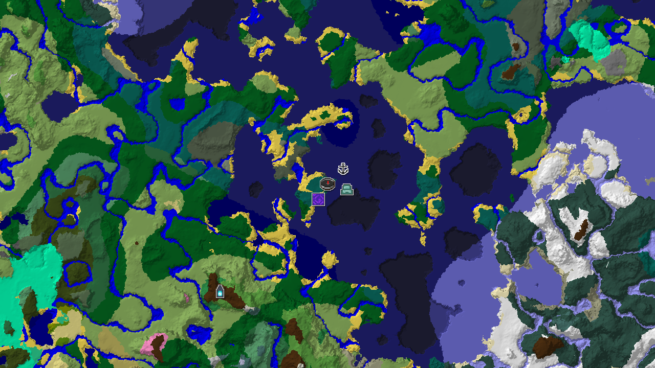 A 2D biome map centered on the spawn point shows taiga, cold ocean, and forest biomes, with markers for a ruined portal, shipwreck, and ocean monument.