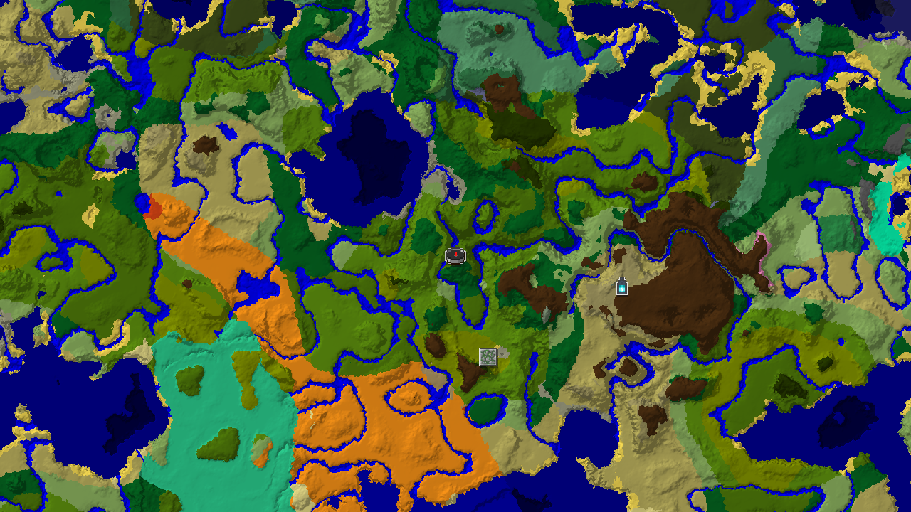 A 2D biome map centered on spawn, showing a large jungle surrounded by rivers, forests, and sparse jungles, with markers for an Ancient City and Jungle Temple.