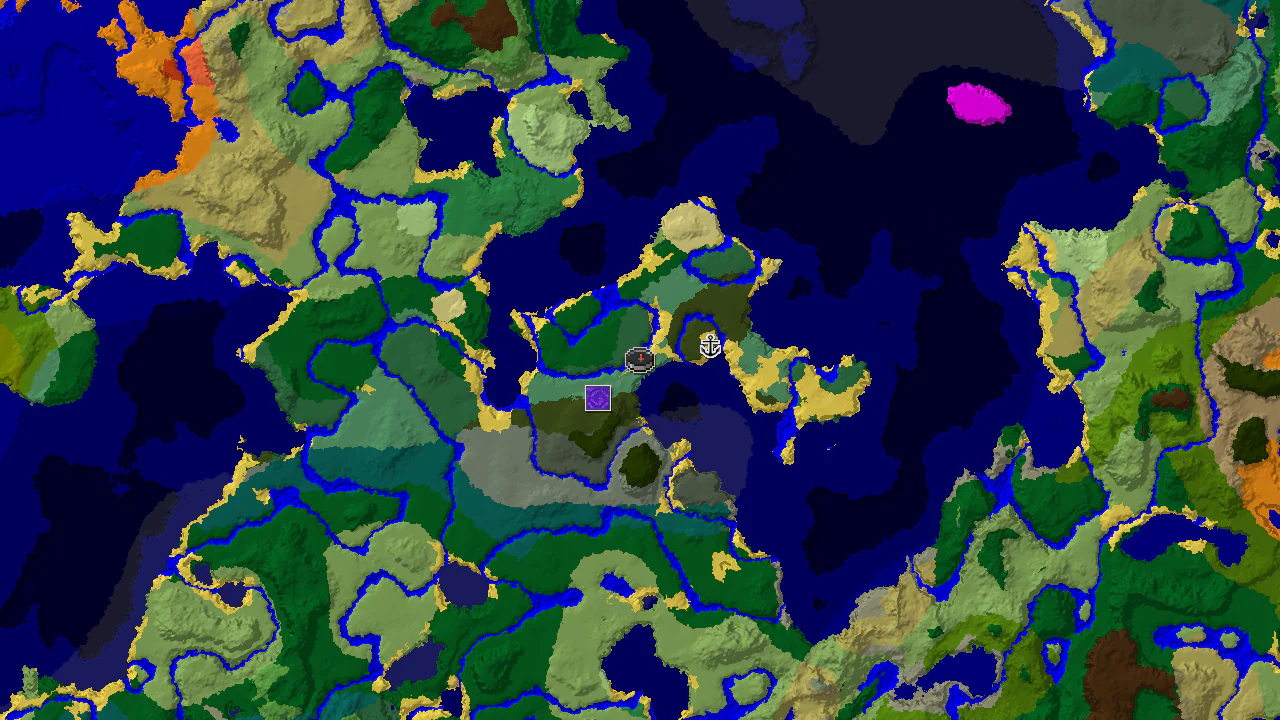 A 2D biome map centered on the spawn point in an Old Growth Birch Forest, showing nearby ocean, beach, and forest biomes, with markers for a Ruined Portal and a Shipwreck.