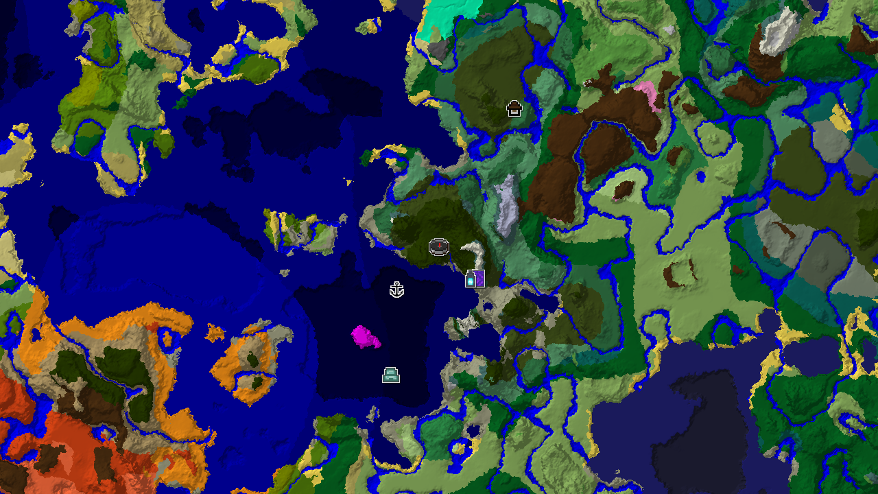 A top-down 2D biome map centered on spawn, showing a Dark Forest at the center, with nearby Ancient City and Ruined Portal markers.