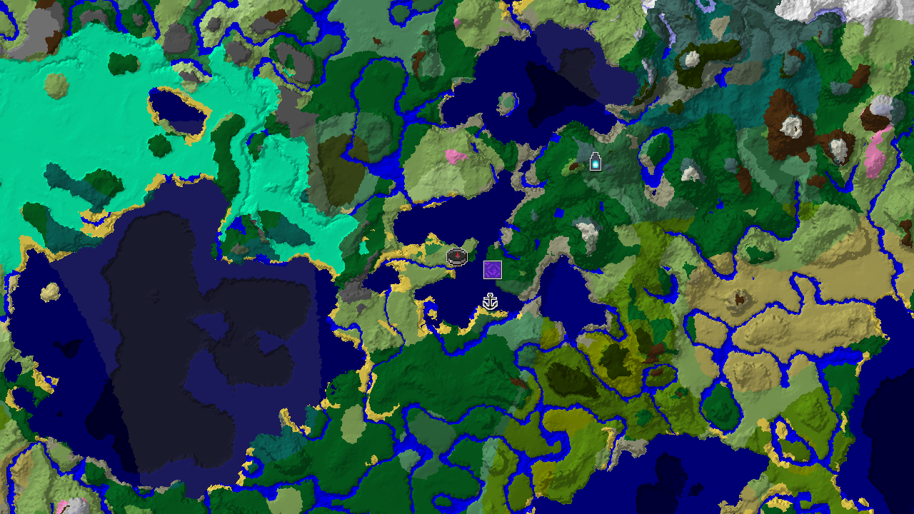 A 2D biome map centered on spawn, showing a Flower Forest to the north and Ocean biomes to the east, with markers for a Ruined Portal and a Shipwreck.
