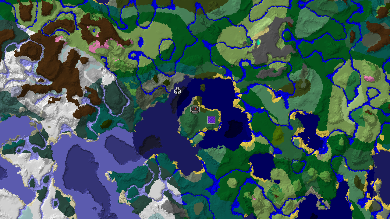 A top-down 2D biome map centered on the spawn point, marked in a Birch Forest. Structure markers indicate nearby features.