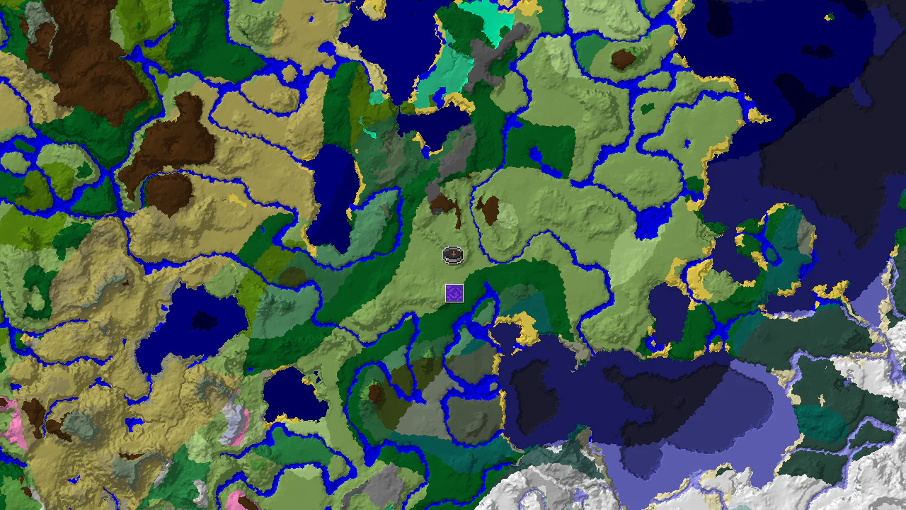 A 2D biome map centered on spawn, showing a diverse collection of biomes including plains, forests, rivers, and various oceans, with a marker for a nearby ruined portal.
