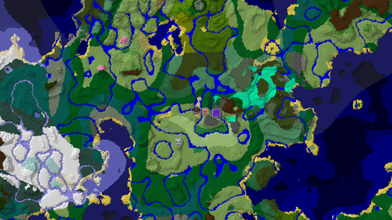 A 2D biome map centered on spawn, showing a Windswept Savanna start, with markers for a nearby village and ruined portal.