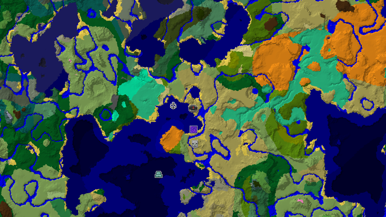 A 2D biome map centered on the spawn point, marked in a savanna biome, with markers indicating nearby structures like a ruined portal, shipwreck, pillager outpost, and ocean monument.