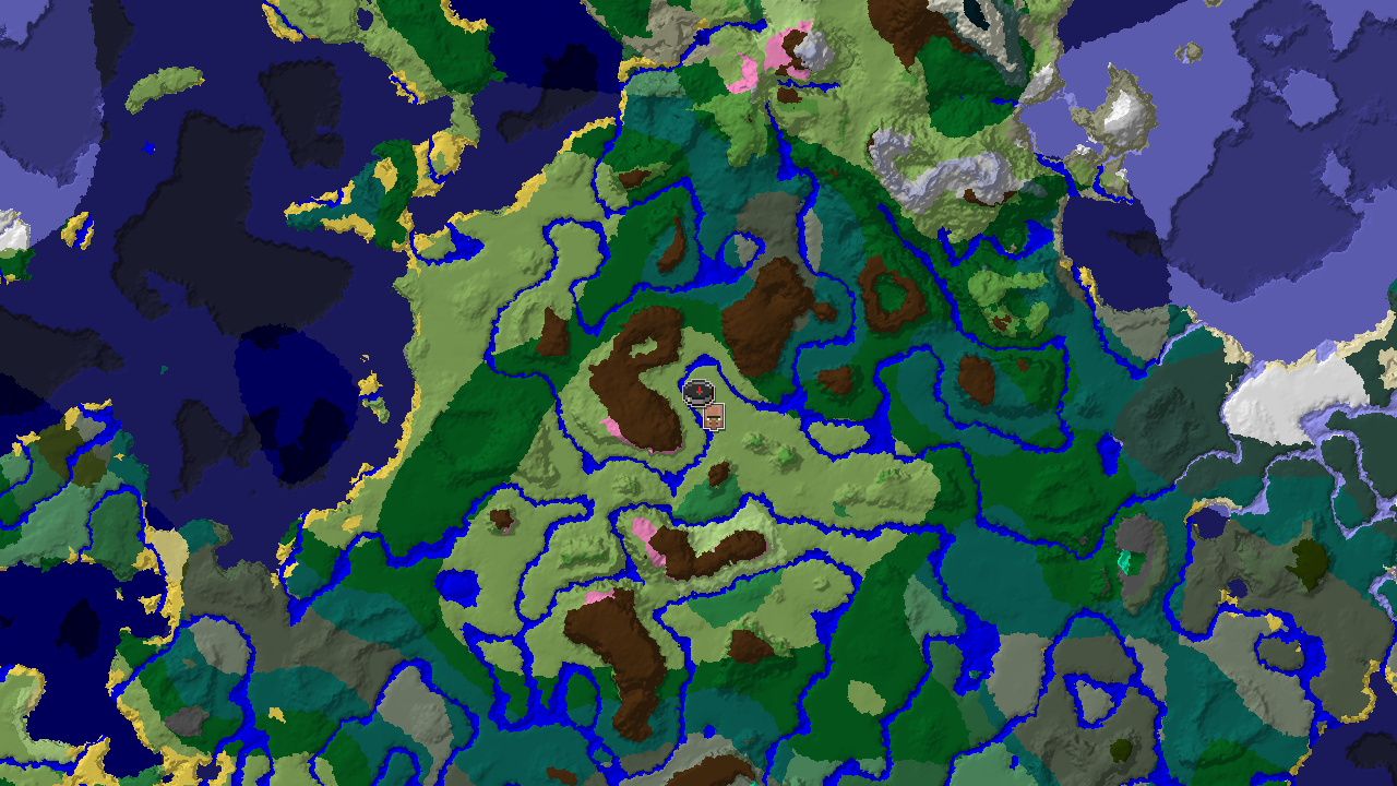 A 2D biome map centered on spawn, showing plains, forests, and a nearby Cherry Grove biome, with markers for the spawn point and a village.