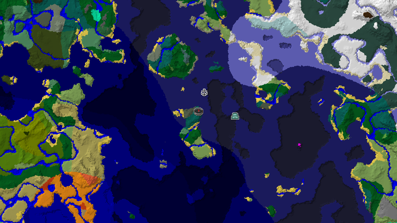 A 2D biome map centered on spawn, showing a large expanse of cold ocean biomes, with markers for an Ocean Monument and Shipwreck.