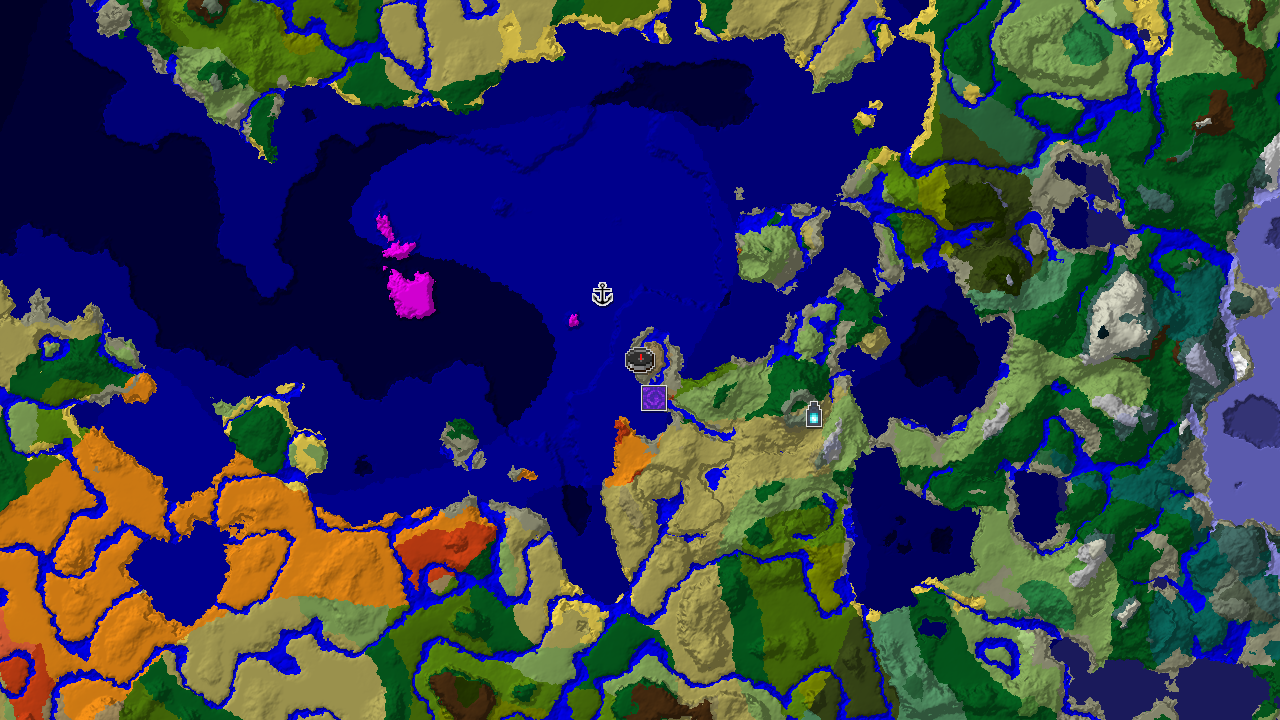 A 2D biome map centered on the spawn point, marked in Wooded Badlands, showing a nearby Ruined Portal, Shipwreck, and an Ancient City to the east.
